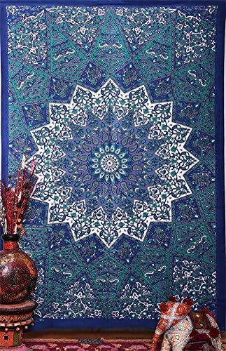 Willing Life Bohemian Soft Yoga Tapestry 59X51 Inch Blue Trim Decoration Hippy Gypsy Wall Hanging Bedspread Couch Cover Home Living Room Bedroom Decor Bedding Rug (Blue Floral, Medium)