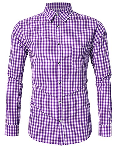 GloryStar Men's Casual Slim Fit Plaid Shirt Button Down Dress Shirts for German Bavarian Oktoberfest and Lederhosen (2XL, Purple-New)