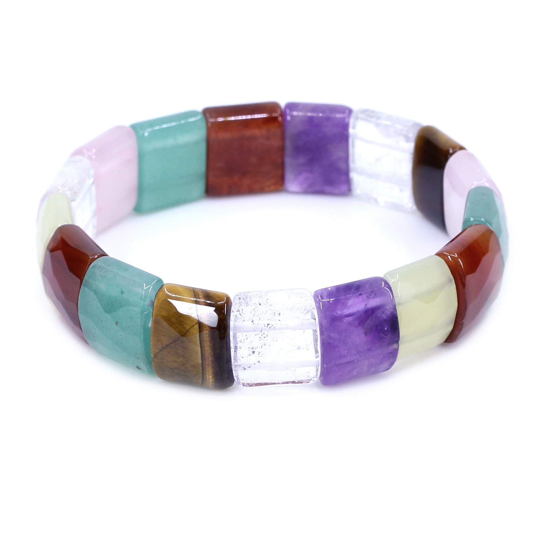 CHENYUE Natural Assorted Mix Stone Gem Semi Precious Gemstone 15mm Faceted Square Grain Beads Stretch Bracelet 7.5 Inch — image 1