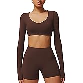ABOCIW Women Square Neck Long Sleeve Workout Crop Top Low Medium Impact Athletic Yoga Gym Shirts with Built in Bra(ONLY TOP)