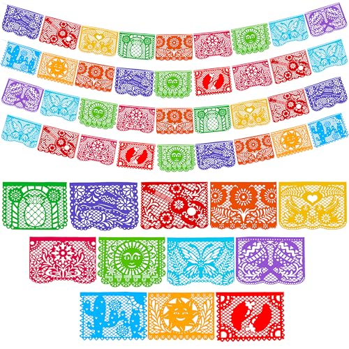 JOYIN Cinco de Mayo Plastic Papel Picado Banner(4 pack with 8 Multicolor Plastic Flags per Banner), Mexican Party Banners for Fiesta Party Decorations, Dia Muertos Decor, Day of the Dead Decorations, Taco Tuesday Event