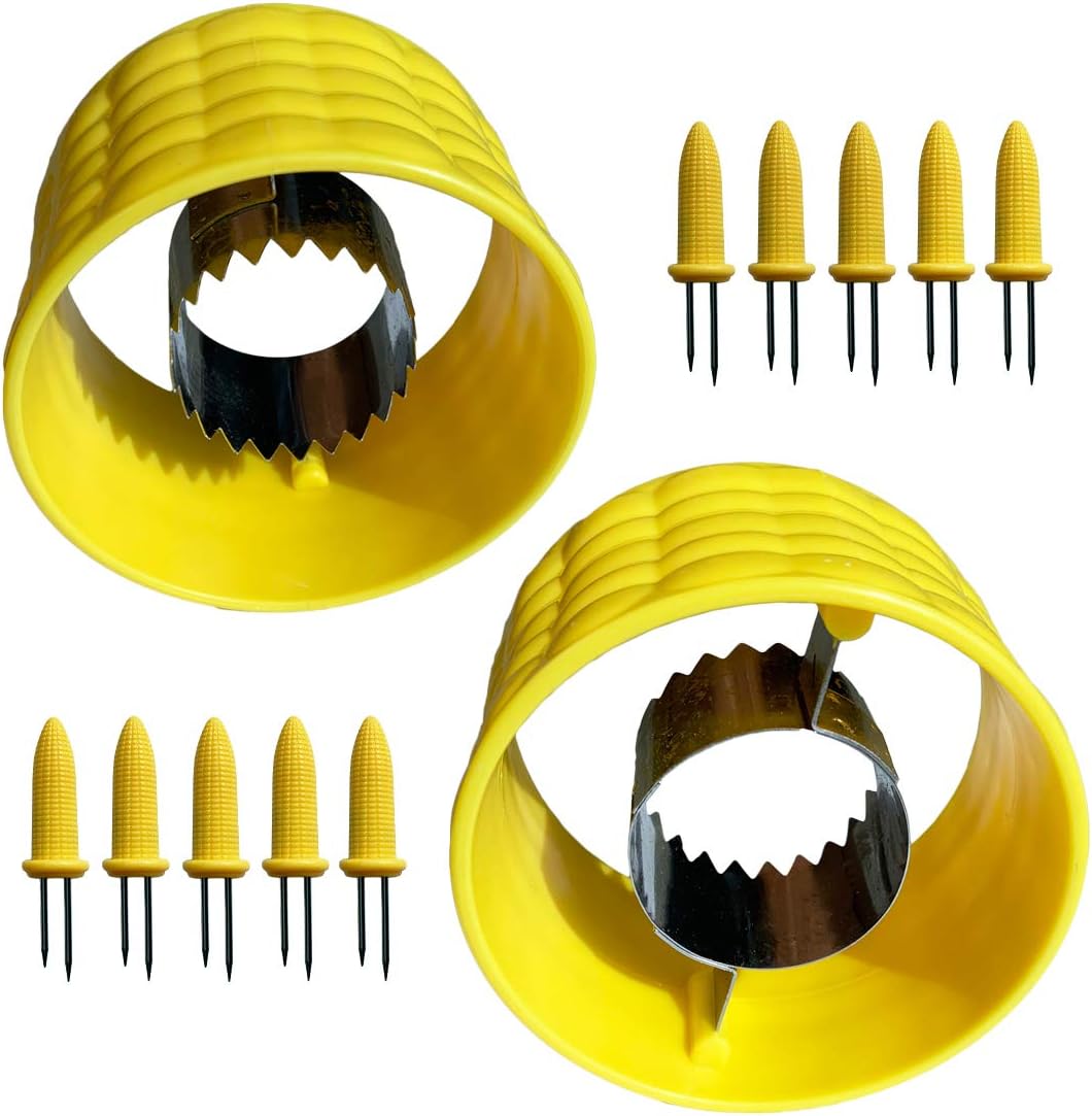2 Pcs Corn Stripper Cutter Off Cob With 10 Pieces Corn Fork, Stainless Steel Corn Thresher Stripper Peeler Tool, Yellow Rotating Round Creative Corn Kernel Thresher