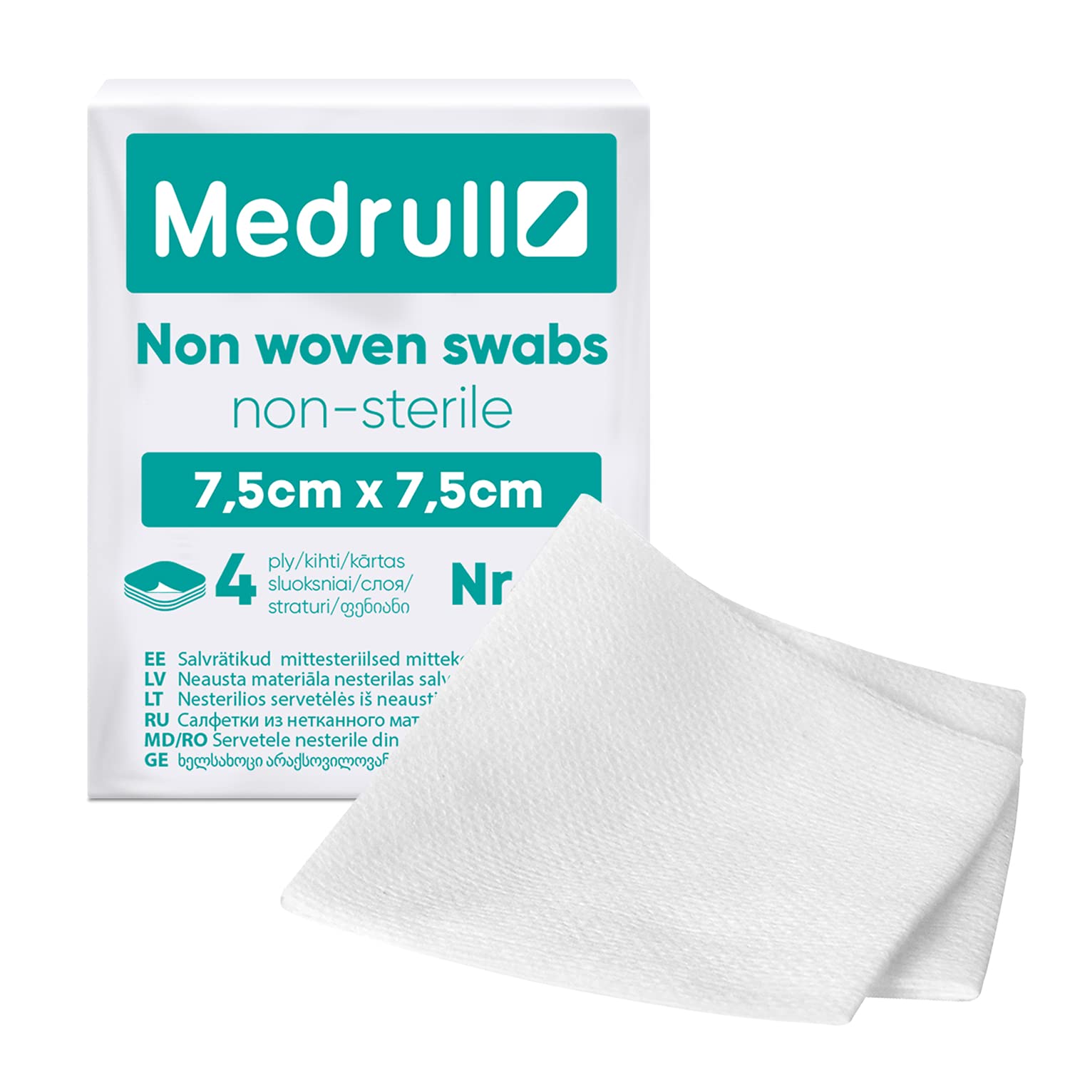 Medrull - Non-Woven Non-Sterile Dressings, Pack of 100 4-Ply 7.5 cm x 7.5 cm - Absorbent Dressings