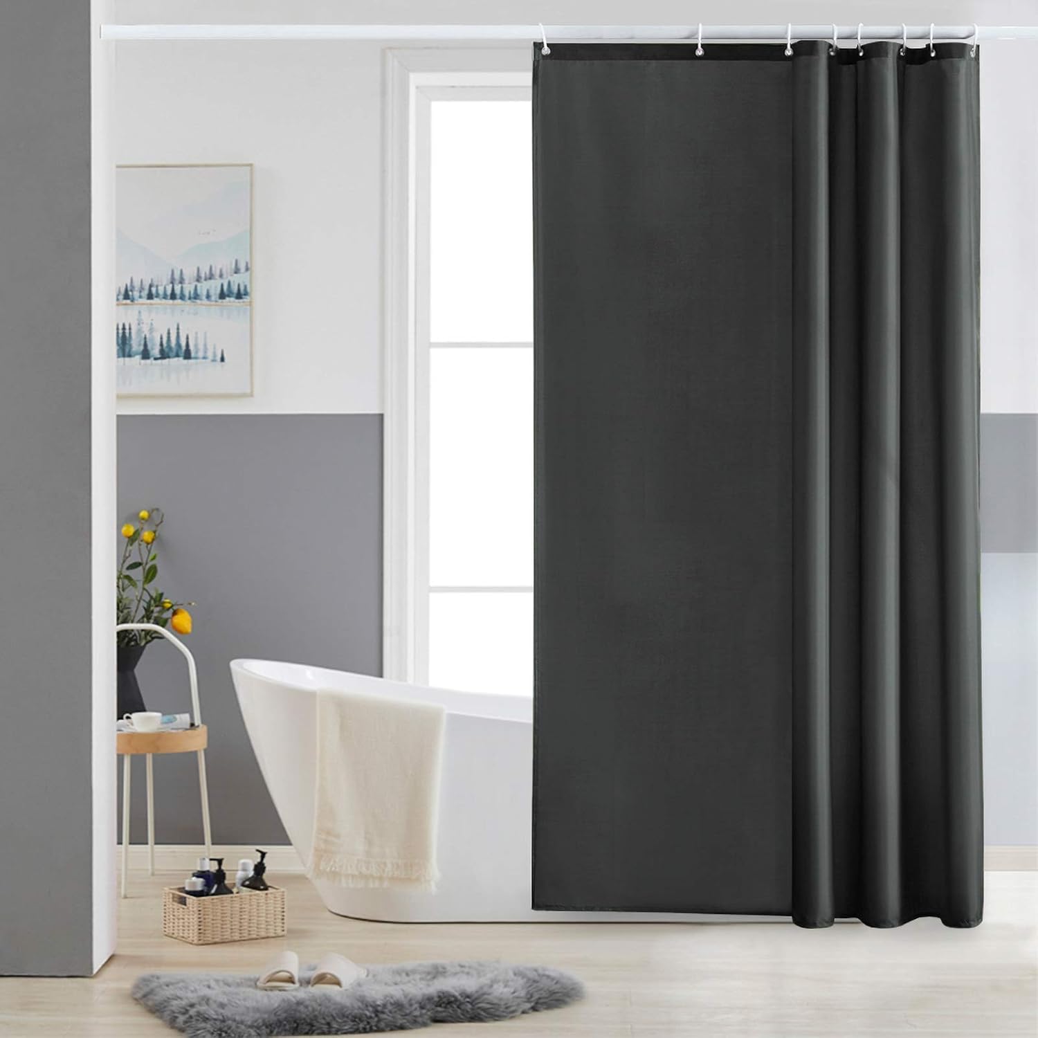 Furlinic Shower Curtain Mould Proof Resistantand Waterproof Washable Polyester Fabric Dark Grey Bath Curtains with Weight Tape 8 Hooks for Wetroom 47x78 Inch 120x200cm.