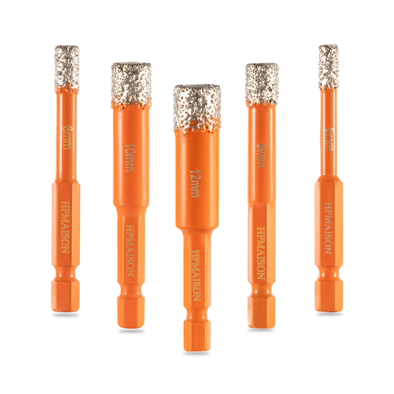 HPMAISON 5Pcs Diamond Drill Bits, Porcelain Tile Drill Bit, 1/4" Hex Shank Diamond Dry Drill Bits Set for Drilling Granite, Ceramic, Porcelain, Marble, Hard Tile, Stone, Glass & More (5 6 8 10 12mm) — image 1