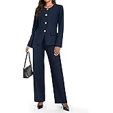 Casly Lamiit Women's 2 Piece Business Casual Outfits Crew Neck Button Down Blazer Wide Leg Dressy Pants Suit Sets