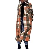 FindThy Women’s Long Plaid Shacket Wool Blend Button Down Shirt Jacket Coat with Pockets