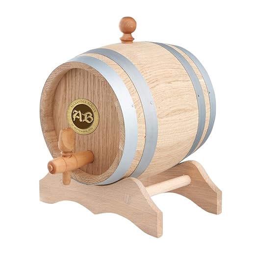 Holzfass für Schnaps mit Gravur – Personalisiert mit Namen, Datum und 2 Initialen – mit Ständer, Stopfen und Hahn - Geschenk 