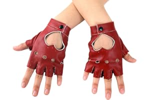 JISEN Women Heart Cutout Punk Half Finger PU Leather Performance Gloves