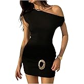 Milumia Women's Asymmetrical Neck Dress Ring Decor Short Sleeve Bodycon Mini Dresses