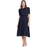 London Times Women's Dresses Shirred Jewel Neck Pleated Ruched Sleeve Elastic Waist Midi Dress, Navy, 16