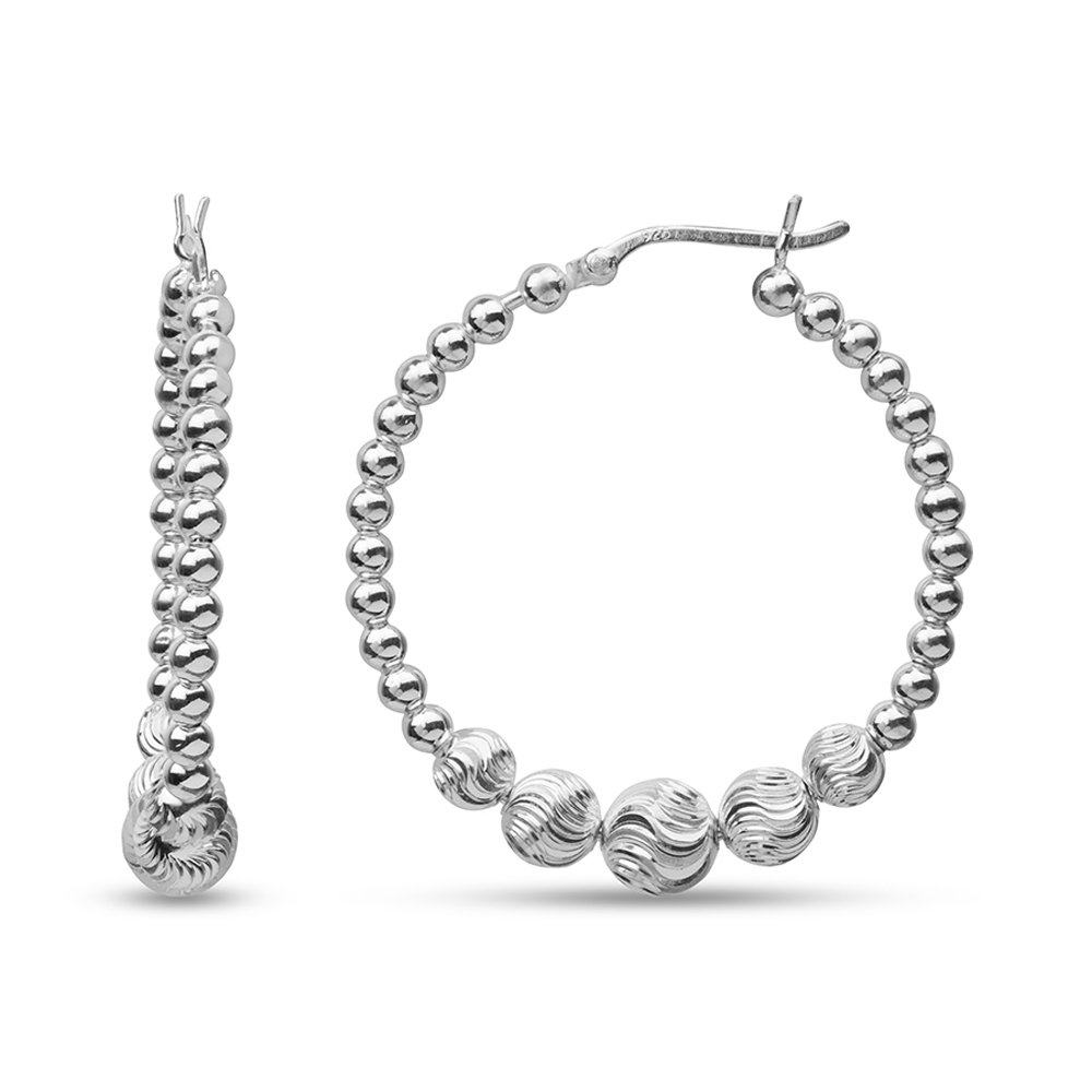 LeCalla 925 Sterling Silver Jewelry Diamond-Cut Classic Ball Beaded Hoop Earrings for Women