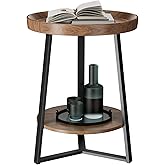 Gadroad Round End Table with Storage Shelf, 2 Tier Farmhouse Side Table Nightstand for Living Room, Bedroom, Wood Tabletop & Black Metal Frame, Brown 15.7 * 15.7 * 23.0inches