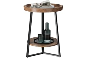 Gadroad Round End Table with Storage Shelf, 2 Tier Farmhouse Side Table Nightstand for Living Room, Bedroom, Wood Tabletop & Black Metal Frame, Brown 15.7 * 15.7 * 23.0inches
