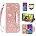 Galaxy Note 4 Case, with Screen Protector, TPU + Leather Bling Glitter Flip Wallet Case with Kickstand Credit Card Holder Slot for Girls/Women for Samsung Galaxy Note 4, Rose Gold