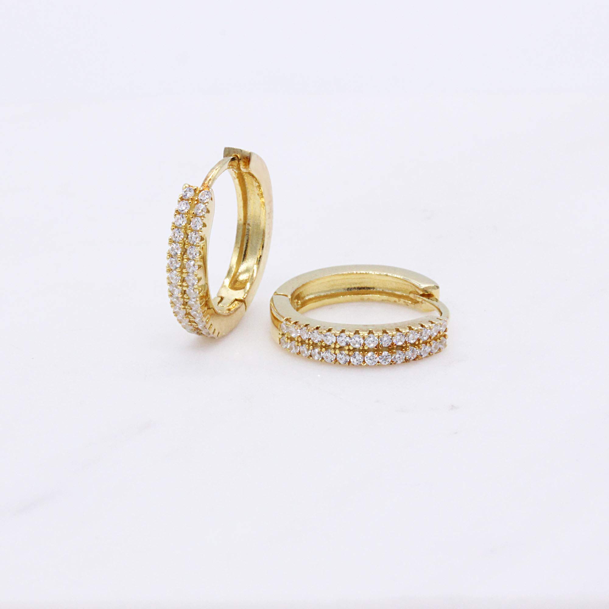 Spoil Cupid Yellow Gold-Plated Sterling Silver Double Row Cubic Zirconia Huggie Hoop Earrings