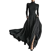 Women’s Long Sleeve Turtleneck Maxi Dress with High Waist Pleated Skirt and Side Slit Elegant A Line Fit Dresses