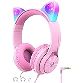 iClever Kids Headphones with Cat Ear Led Light Up, Safe Volume Limite, FunShare, Foldable, Over-Ear Headphones for Kids for School/iPad/Tablet/Travel, Meow Donut-Pink