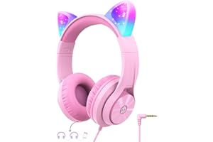 iClever Kids Headphones with Cat Ear Led Light Up, Safe Volume Limite, FunShare, Foldable, Over-Ear Headphones for Kids for School/iPad/Tablet/Travel, Meow Donut-Pink