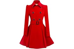 ForeMode Women Swing Double Breasted Wool Pea Coat with Belt Buckle Spring Mid-Long Long Sleeve Lapel Dresses Outwear