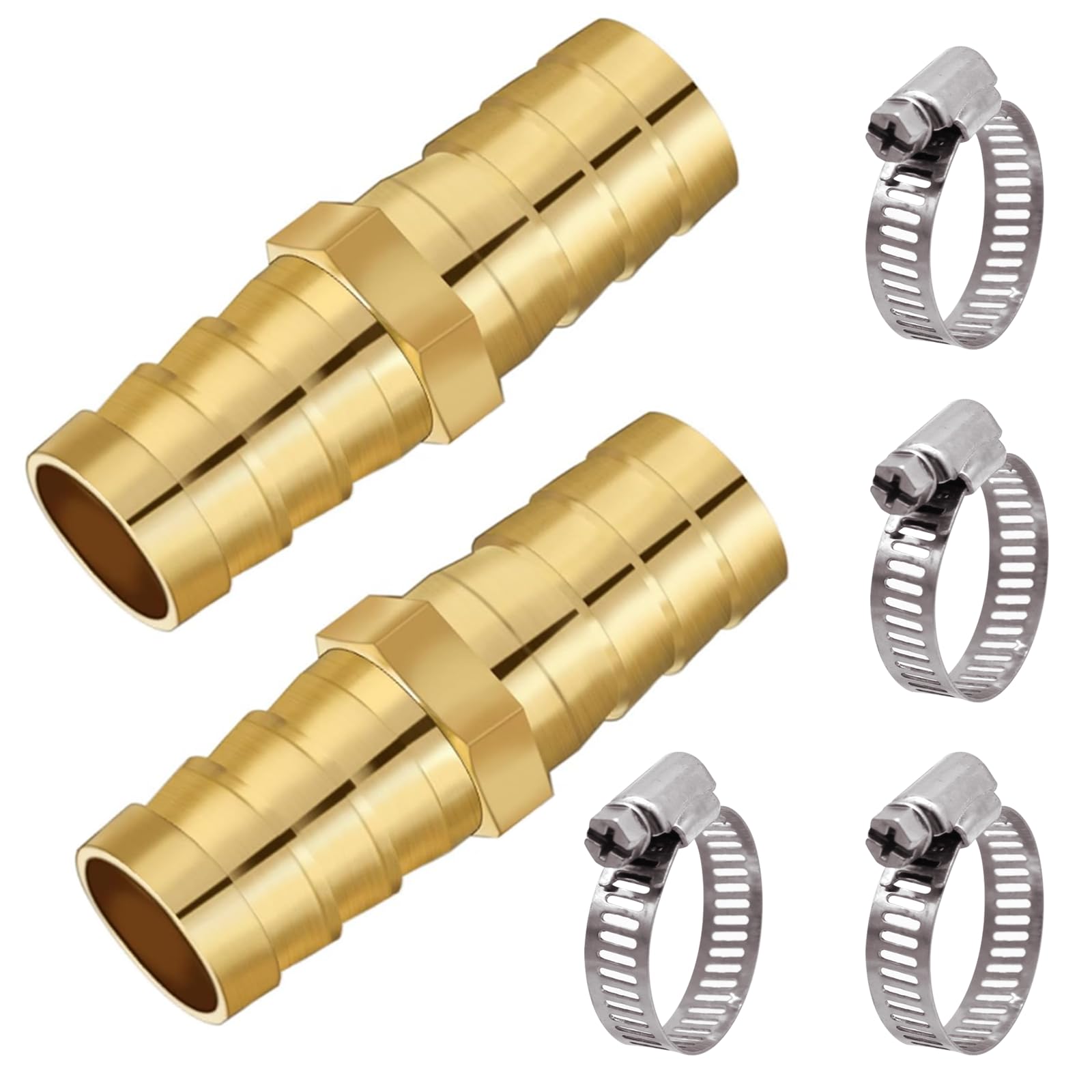 Kujinova Pack of 2 Hose connectors, 0.75 inches (19 mm), Brass, Including 4 Clamps (Stainless Steel W4), for Hoses with an Inner Diameter of 19 mm, Suitable for Connecting Flexible Hoses