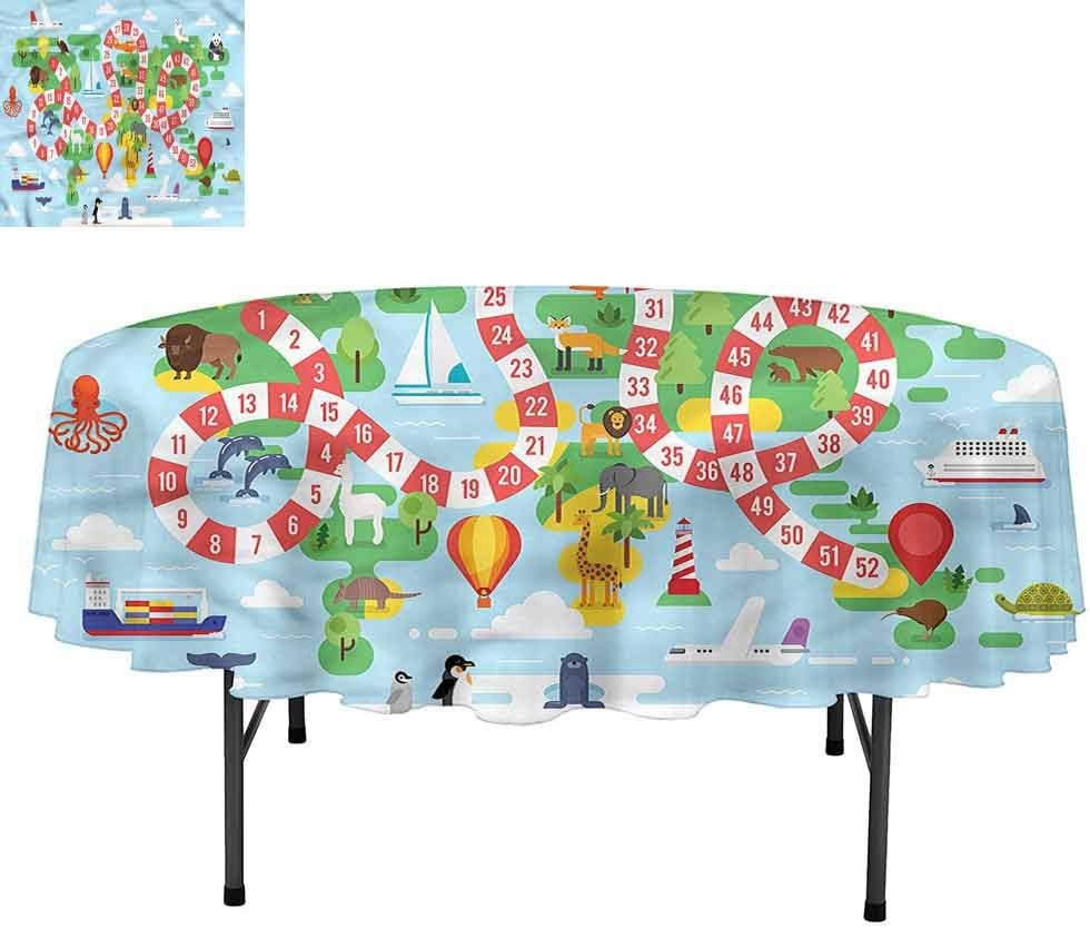 Aishare Store Cartoon Oil-Proof Spill-Proof and Water Resistance Microfiber Tablecloth, World Map Animal Board Game, Table Cover for Dining Table, Round 70"