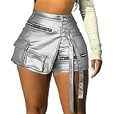NUISUSK Skorts for Woman Metallic Faux Leather High Waisted Shorts Cargo Shiny Summer Sexy Asymmetrical Skirt Shorts