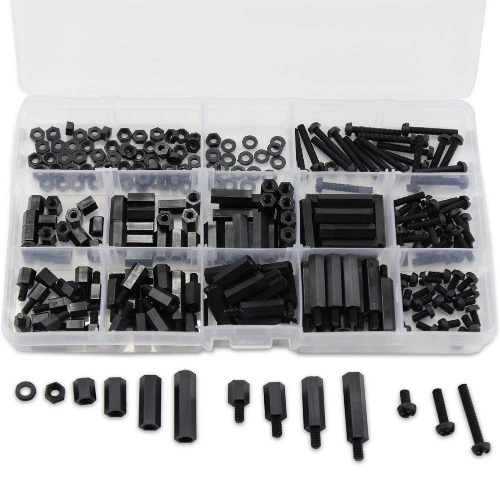 260pcs Black M3 Male Female Nylon Hex Spacer Standoff Screw Nut Assorted Kit with Plastic Box