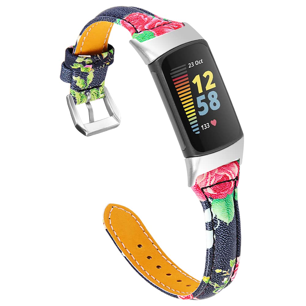 Chofit Straps Compatible with Fitbit Charge 6/Charge 5 Strap, Slim Leather Flower Printing Wristband Replacement Bracelet Adjustable Arm Band for Charge 5 Activity Tracker (A)