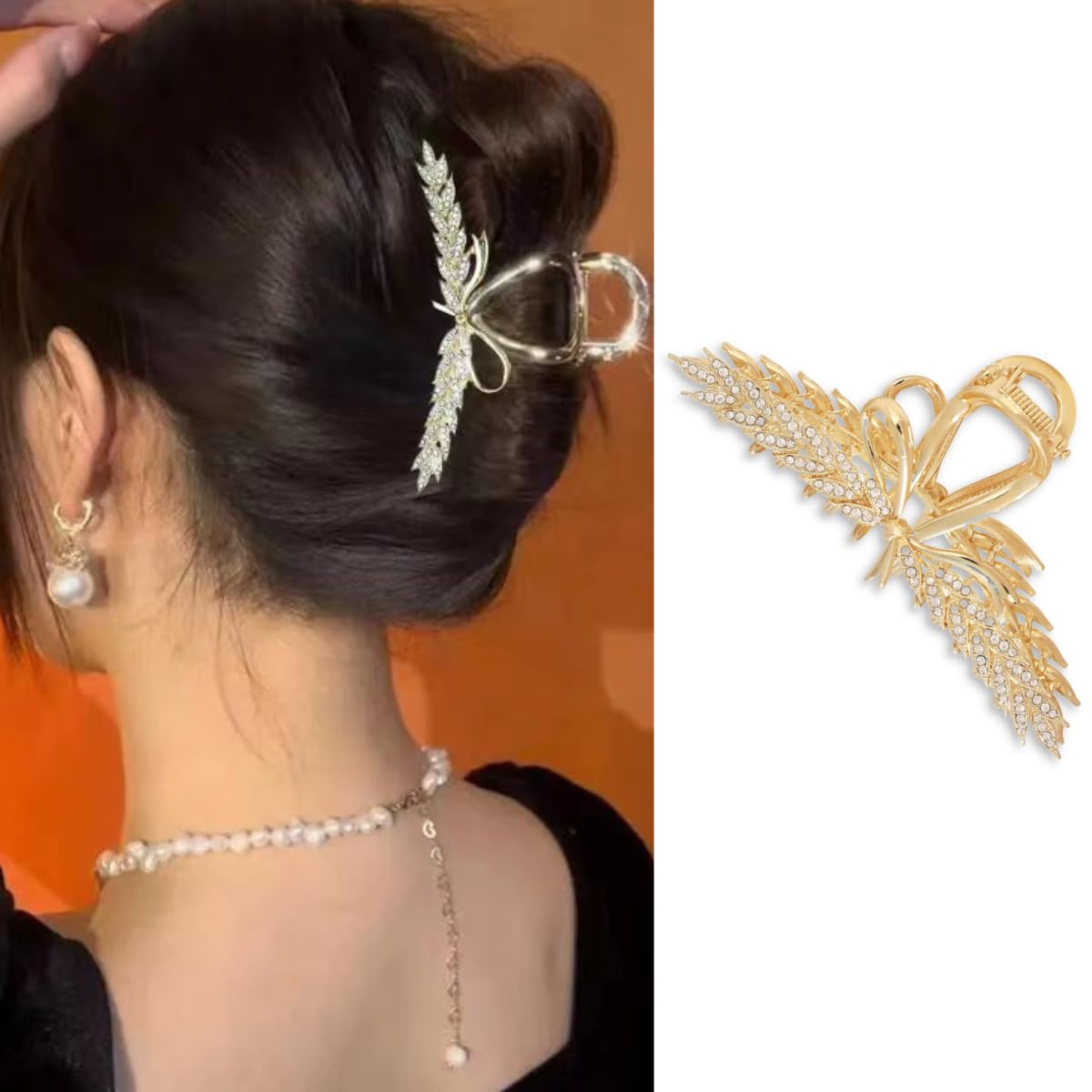 Photo 1 of AIUPUOC Hair Clip, Large Gold Flower Rhinestone Hair Claw Clips for Women, Hair Accessory for Thick Hair, Hairpin for Girls, Hair Decorations, 2 Pcs