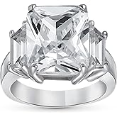 Art Deco Style .925 Sterling Silver 8CTW Canary Yellow Pink Clear AAA CZ Rectangle Emerald Cut Cocktail Statement Engagement Ring For Women Cubic Zirconia Baguette Side Stones Customizable