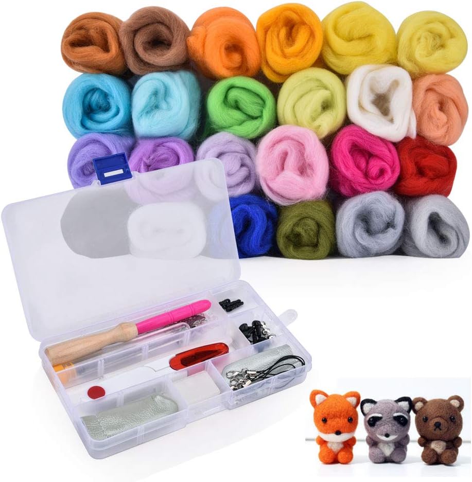 Needle Felting Kit, 24 Colors Wool Needle Felting Starter Set Hand Spinning DIY Fibre Yarn Craft Supplies with Wool Felting Tools and Instruction, Ideal Gift for Kids