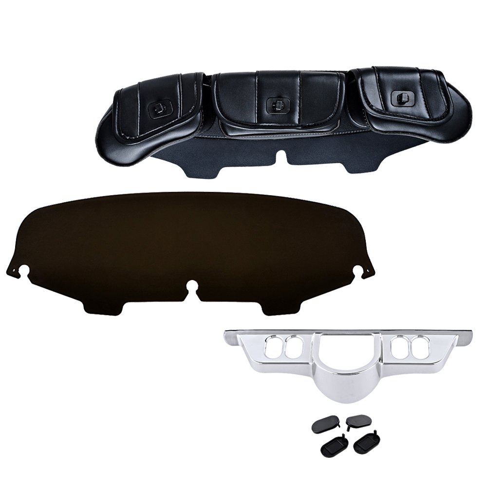 Set 3-Pocket Fairing Pouch Bag + Smoke Windshield + Switch Dash Panel Cover For Harley Electra Street Glide