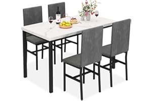 MIERES MIERE Dining Table Set for 4, 5-Piece Marble DiningTableSet with 4 Velvet Metal Frame Chairs for Kitchen, Bar, Living Room, Breakfast Nook, Small Space, 03 Gray