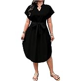 Floerns Women's Plus Size Tie Waist Dress Notch V Neck Dolman Sleeve A Line Midi Dresses