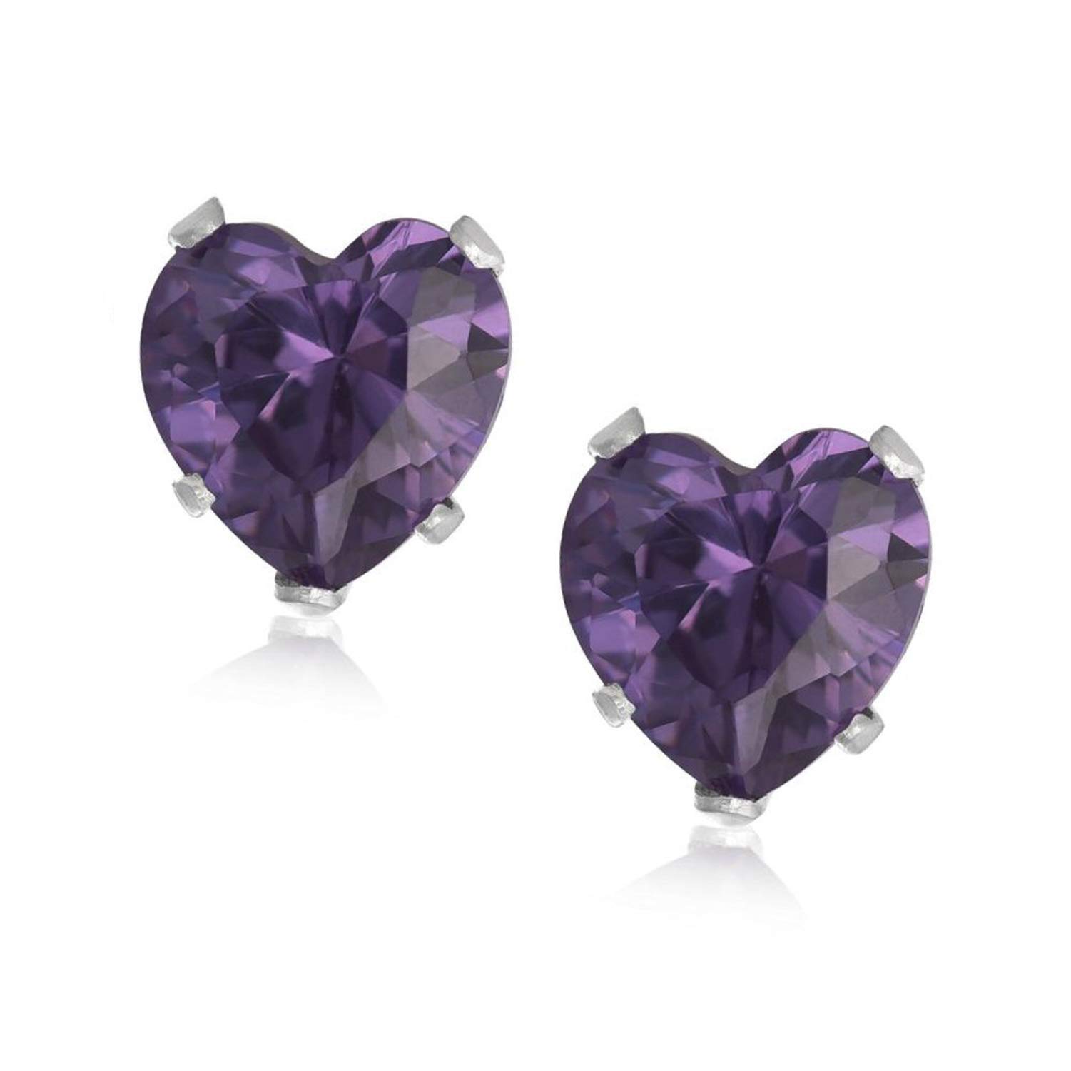 6MM Heart Cut CZ Birthstone Stud Earrings/Ear Studs for Women - 925 Sterling Silver - Amethyst Purple