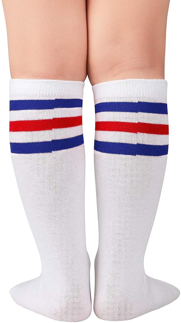 Durio Girls Knee High Socks for Toddler Girls and Boys Tube Knee Socks Kids Sports Soccer Socks White with Blue&Red Stripes: Clothing