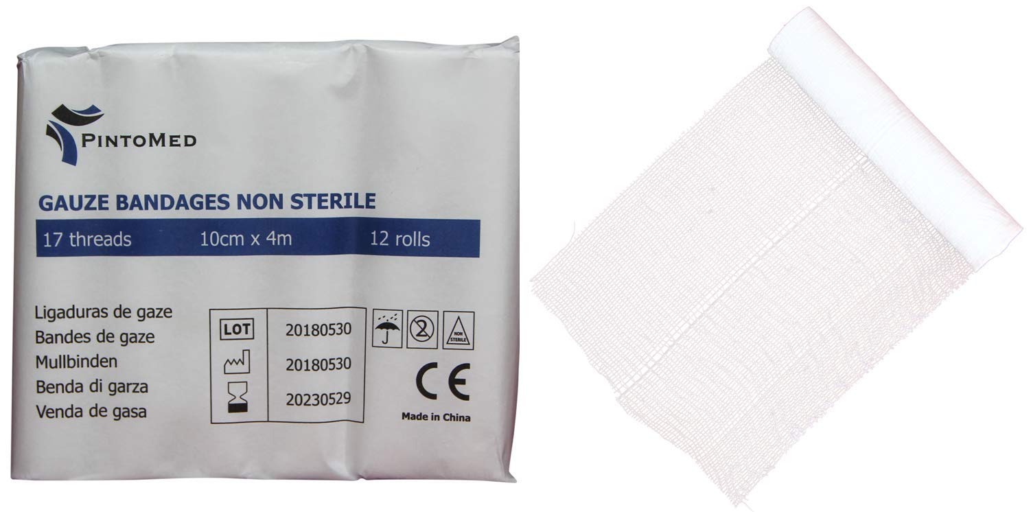 PintoMed - Gauze Bandage Roll Stretch Wound Care, Absorvent and Keeps Clean -17 Threads Non Sterile Size 10Cmx 4Mts 12pcs per Pack