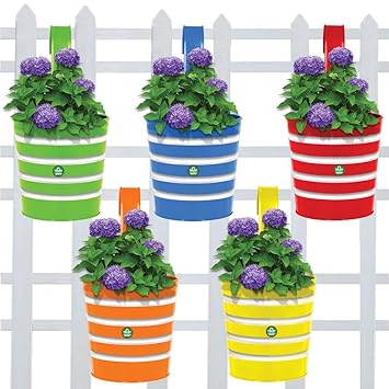 Trust basket Round Ribbed Railing Planters (Green, Yellow, Red, Blue, Orange) - Set of 5