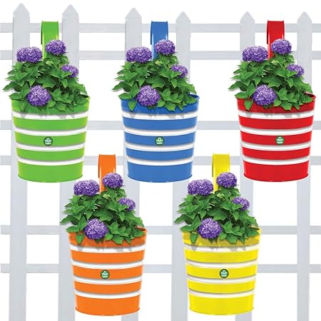 TrustBasket Round Ribbed Railing Planters (Multicolour, Pack of 5)
