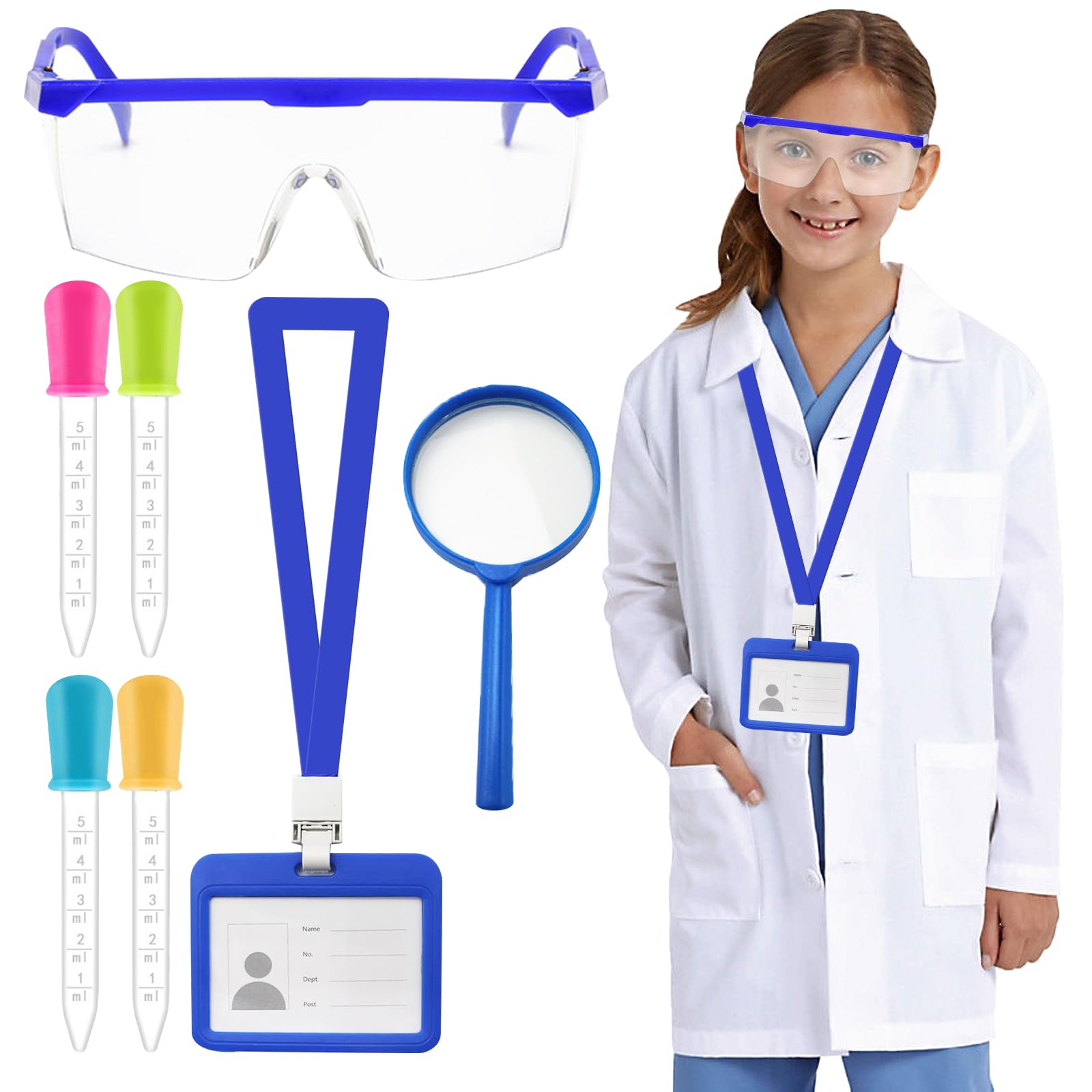 Acehome Scientist Costume Set - 8 Pcs Doctor Lab Coat With ID Card, Liquid Dropper, Glasses, Magnifiers for Science Week Dress Up Role Play Fancy Dress (L)