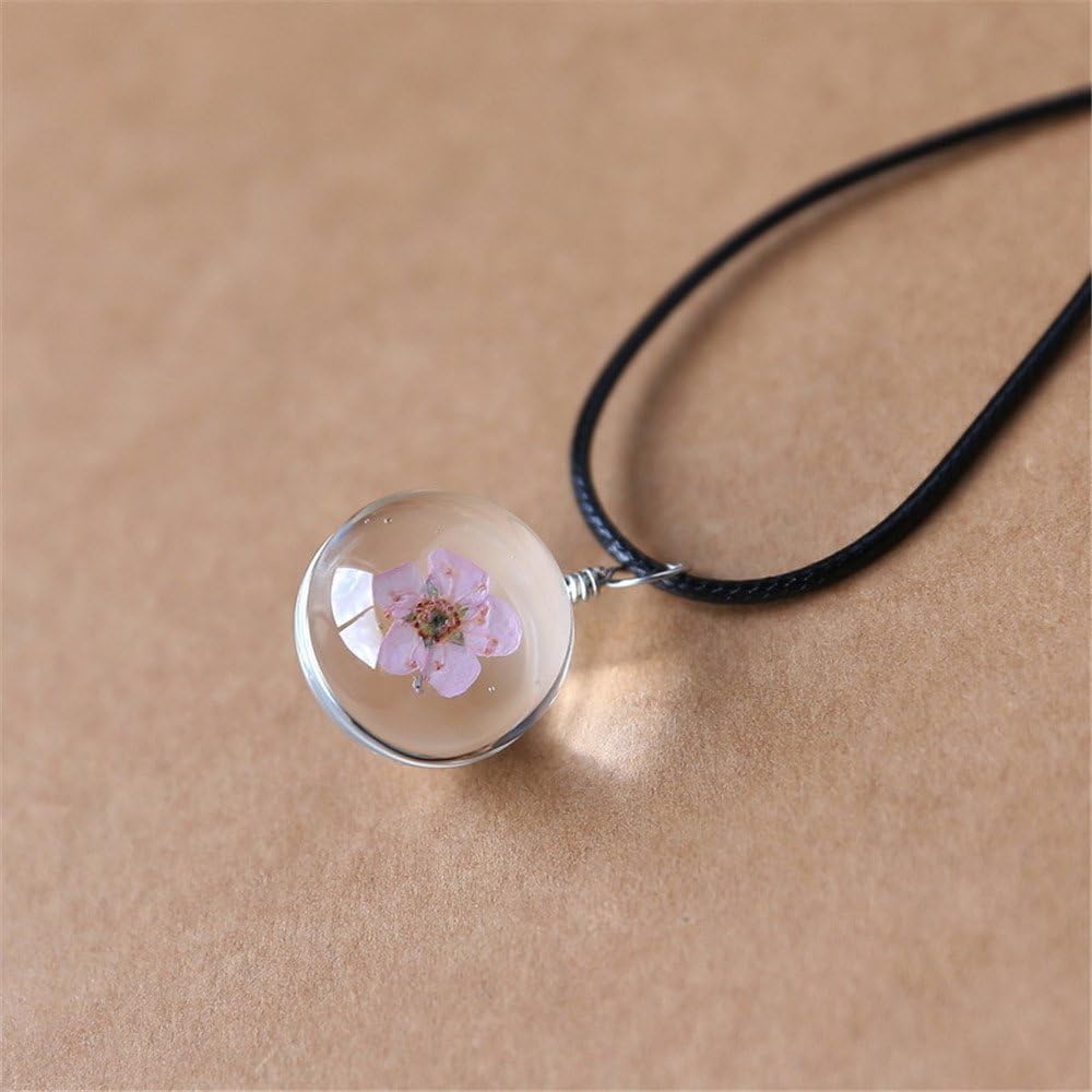 PMTIER Womens Dried Pressed Flower Pendant Peach Blossom in Glass Ball Necklace with Leather Chain - Image 5