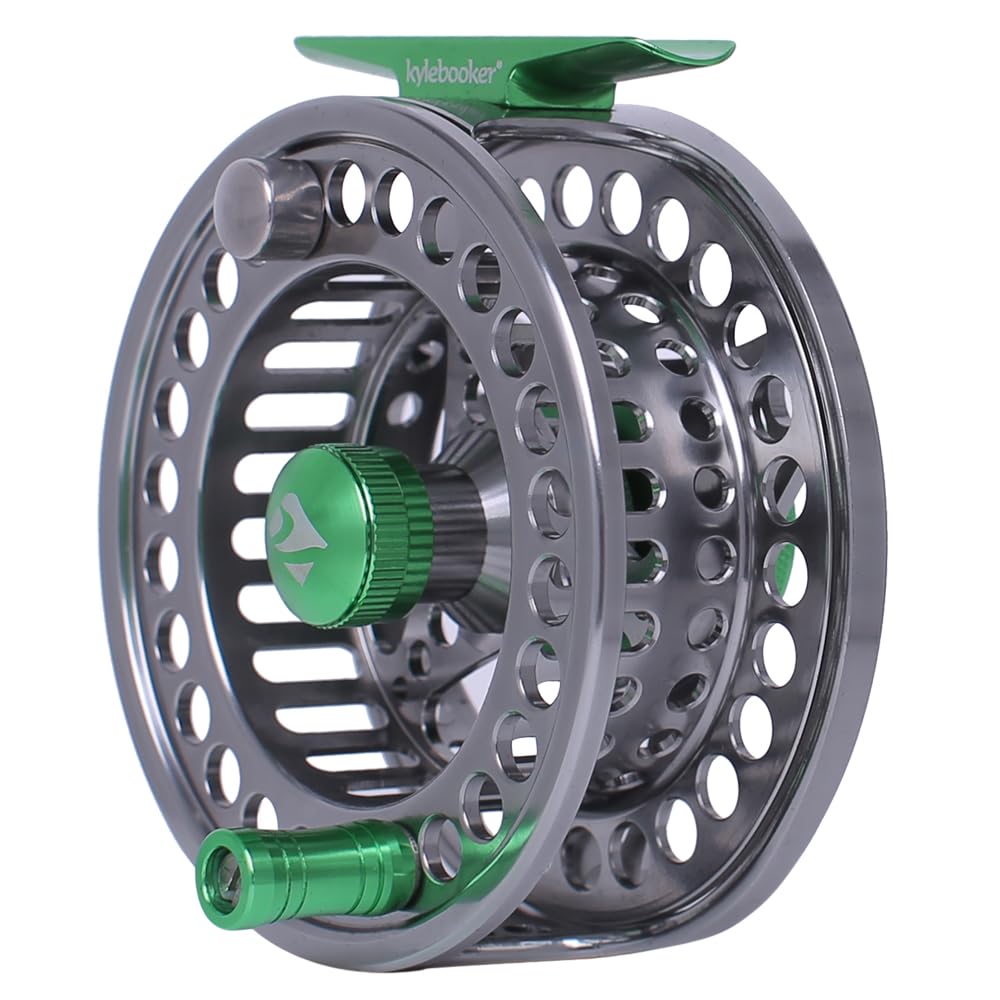 Kylebooker Fly Fishing Reel Large Arbor CNC-machined Aluminum Alloy Body Fly Reel（Silver with Green,7/8wt）