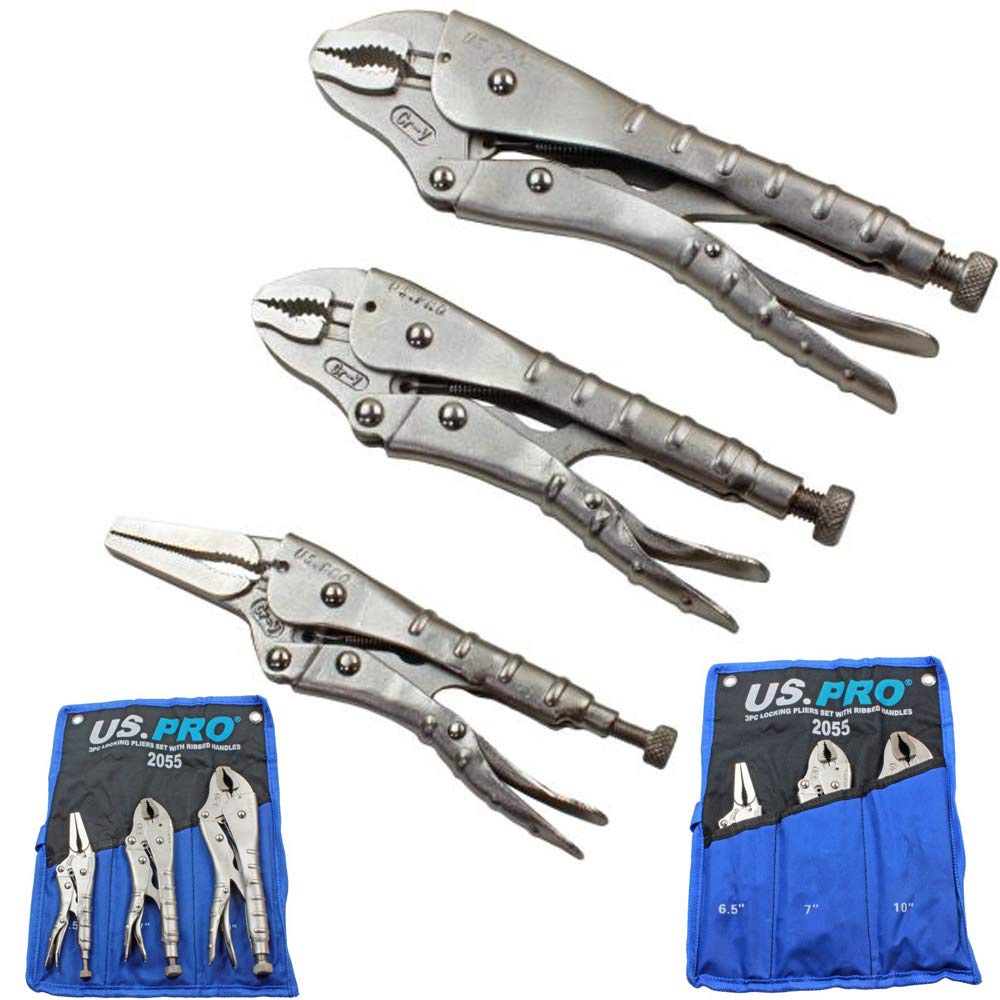 Us Pro 3pc Ribbed Locking Pliers 6-Inch Long Nose, 7-Inch Curved Jaw, 10-Inch Curved Jaw
