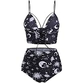 DRESSFO Retro Two Piece Bikini Sets Gothic Bathing Suit | High Waisted Bikini Sets, Gothic Bat, Moon Star Print,Flower print, Vintage,Tummy Control, Bathing Suit,retro bikini set