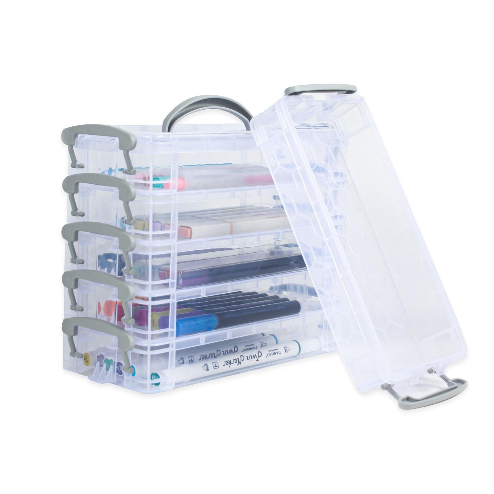 Kaizuca 6 Piece Stackable Transparent Pen Box,Office Supplies Storage Desk Organizer, Stationery Painting Pens Watercolor Pen Drawing Storage Box with Lid