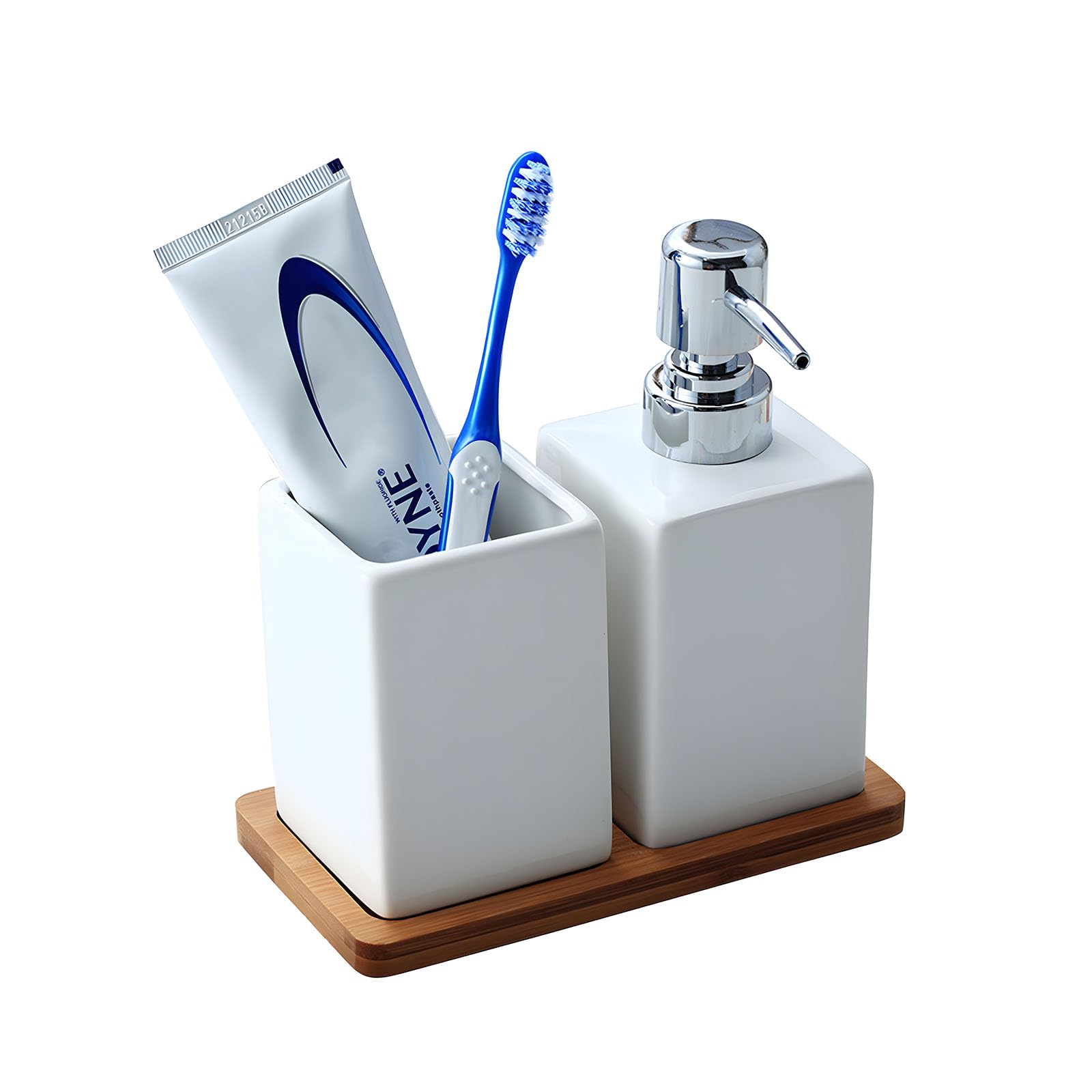 White Soap Dispenser Ceramic 3-in-1 Bathroom Set with Bamboo Tray | Toothbrush Holder & Organiser | Elegant Reusable Bottle for Shampoo & Body Wash