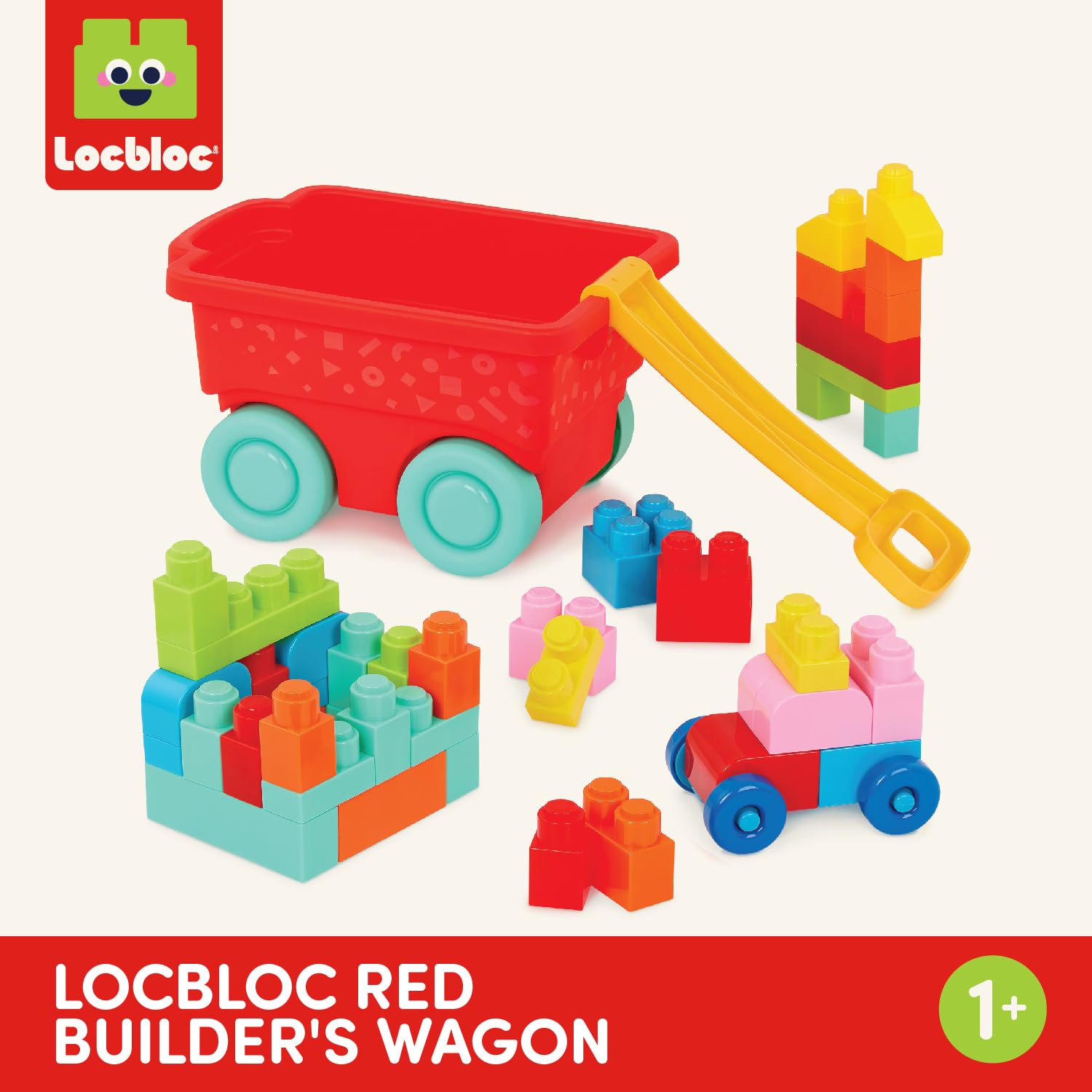 Battat – Building Blocks – 47 Pieces Brick Set – Colorful & Chunky Bricks – Unique Wheel Bricks – 12+ Months – Locbloc Red Builder's Wagon