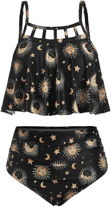 sun moon star print lace up tummy control tankini swimwear