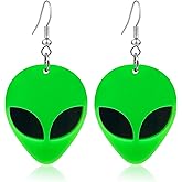 RofYof Alien Earrings for Women Girls Cute Funny Cartoon Green Alien Head Dangle Earrings Novelty Acrylic Statement Earrings